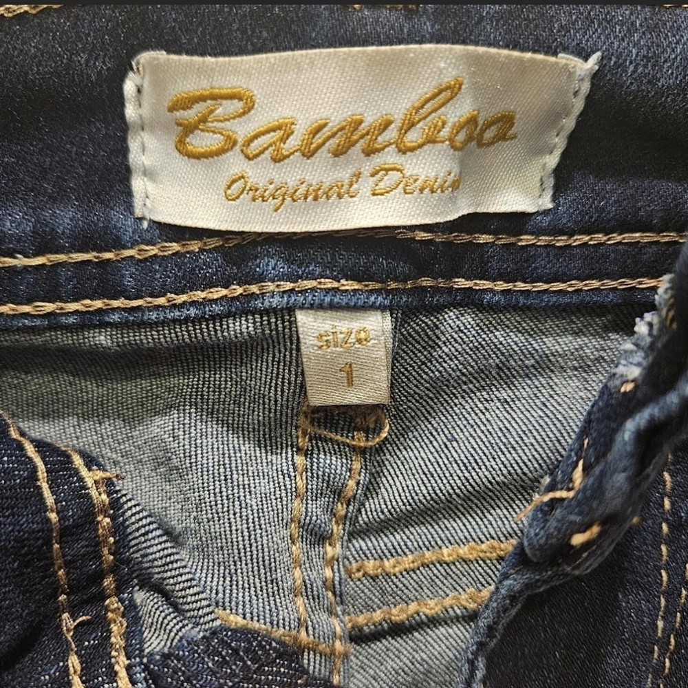 BAMBOO Origional Denim Junior Dark Wash Bootcut Jeans W/ Embroiderd Pockets Sz 1 - Picture 5 of 5
